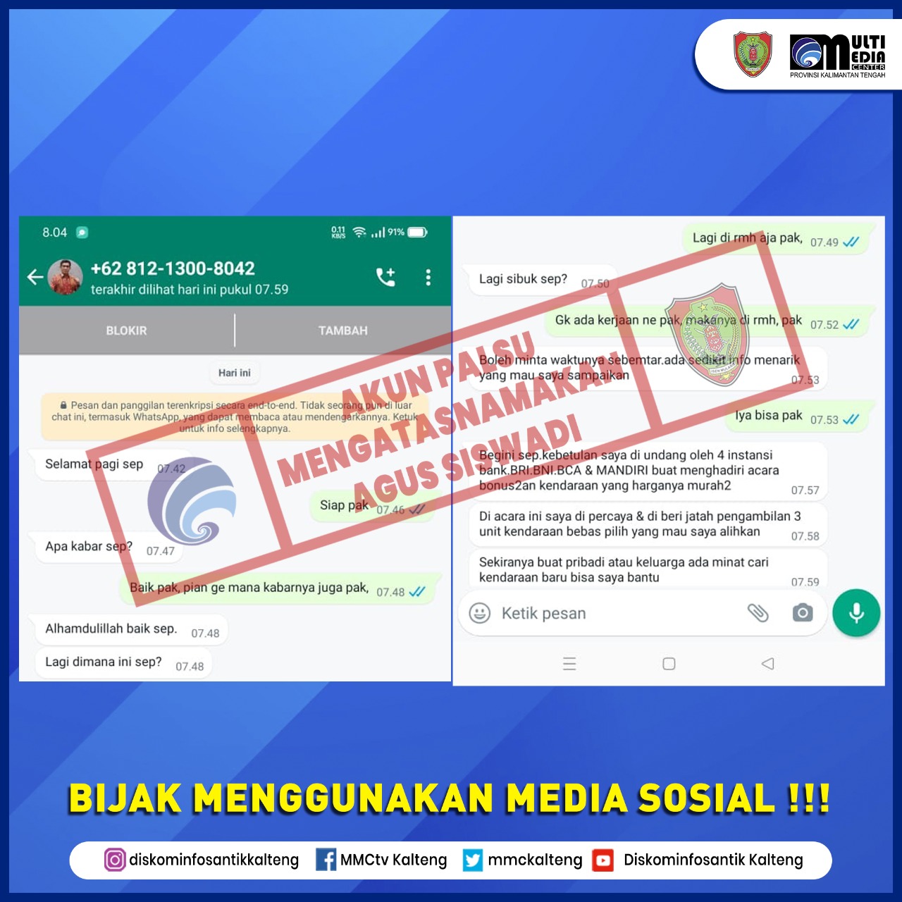 Beredar Sebuah Akun WhatsApp Palsu Mengatasnamakan Kadiskominfosantik Prov. Kalteng