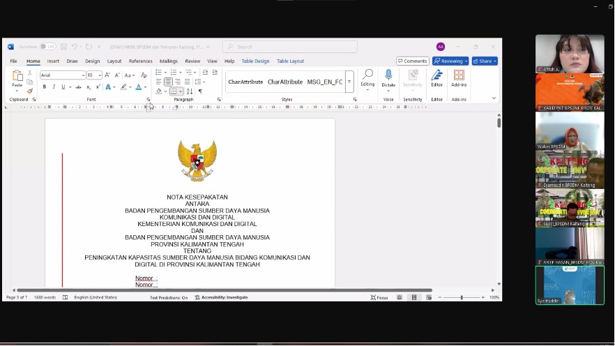 BPSDM Komdigi dan BPSDM Kalteng Lakukan Pembahasan Draf Dokumen Nota Kesepakatan Antara Kedua Belah Pihak