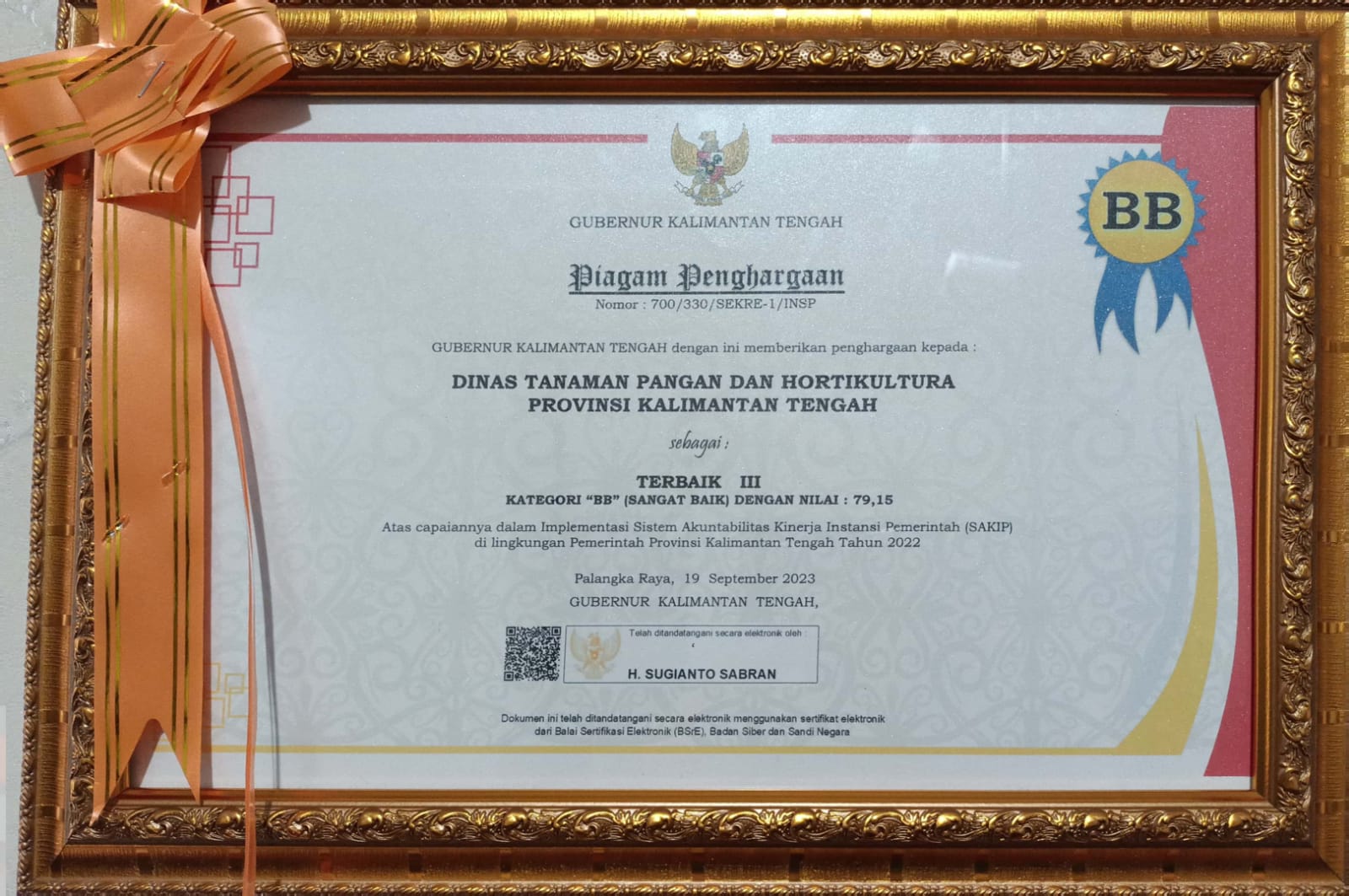 Dinas TPHP Prov. Kalteng Raih Peringkat Terbaik III Evaluasi SAKIP