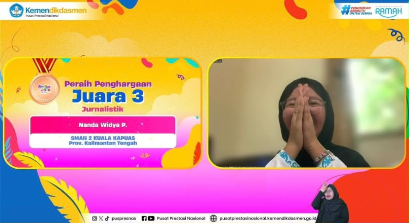 Harumkan Nama Kalimantan Tengah, Nanda Widya Putri Raih Juara 3 Jurnalistik FLS3N 2026