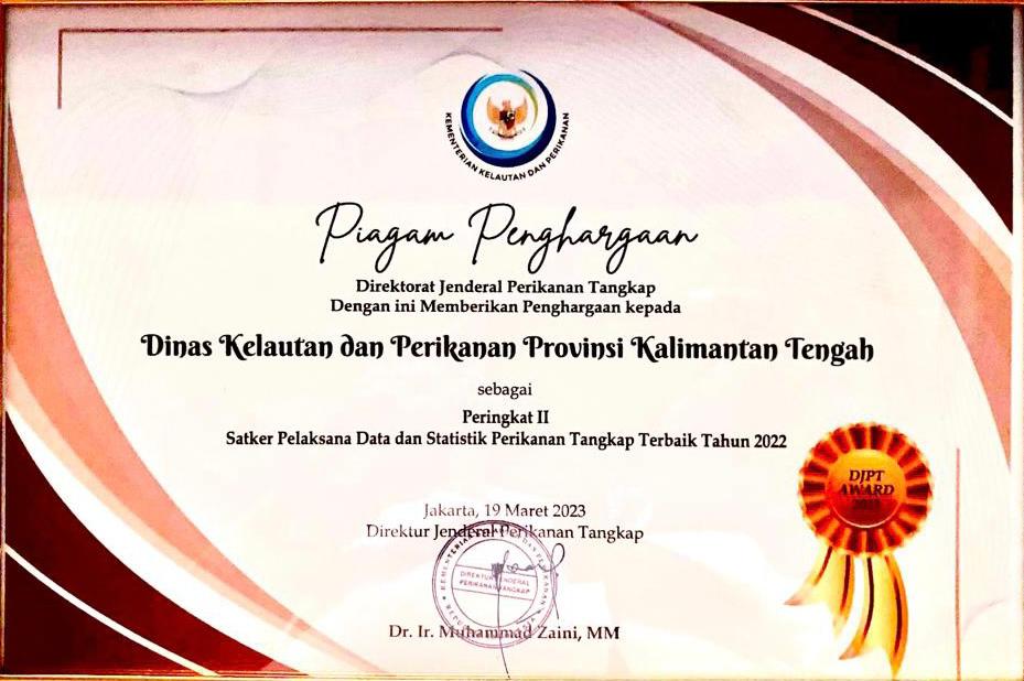 Dislutkan Prov. Kalteng Menoreh Penghargaan Terbaik II Satker Pelaksana Data dan Statistik Perikanan Tangkap se-Indonesia