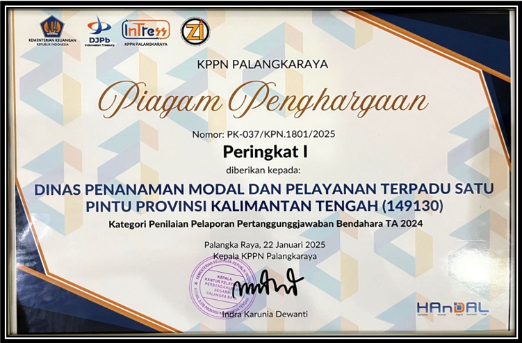 DPMPTSP Prov. Kalteng Raih Peringkat I Penilaian Pelaporan Pertanggungjawaban Bendahara